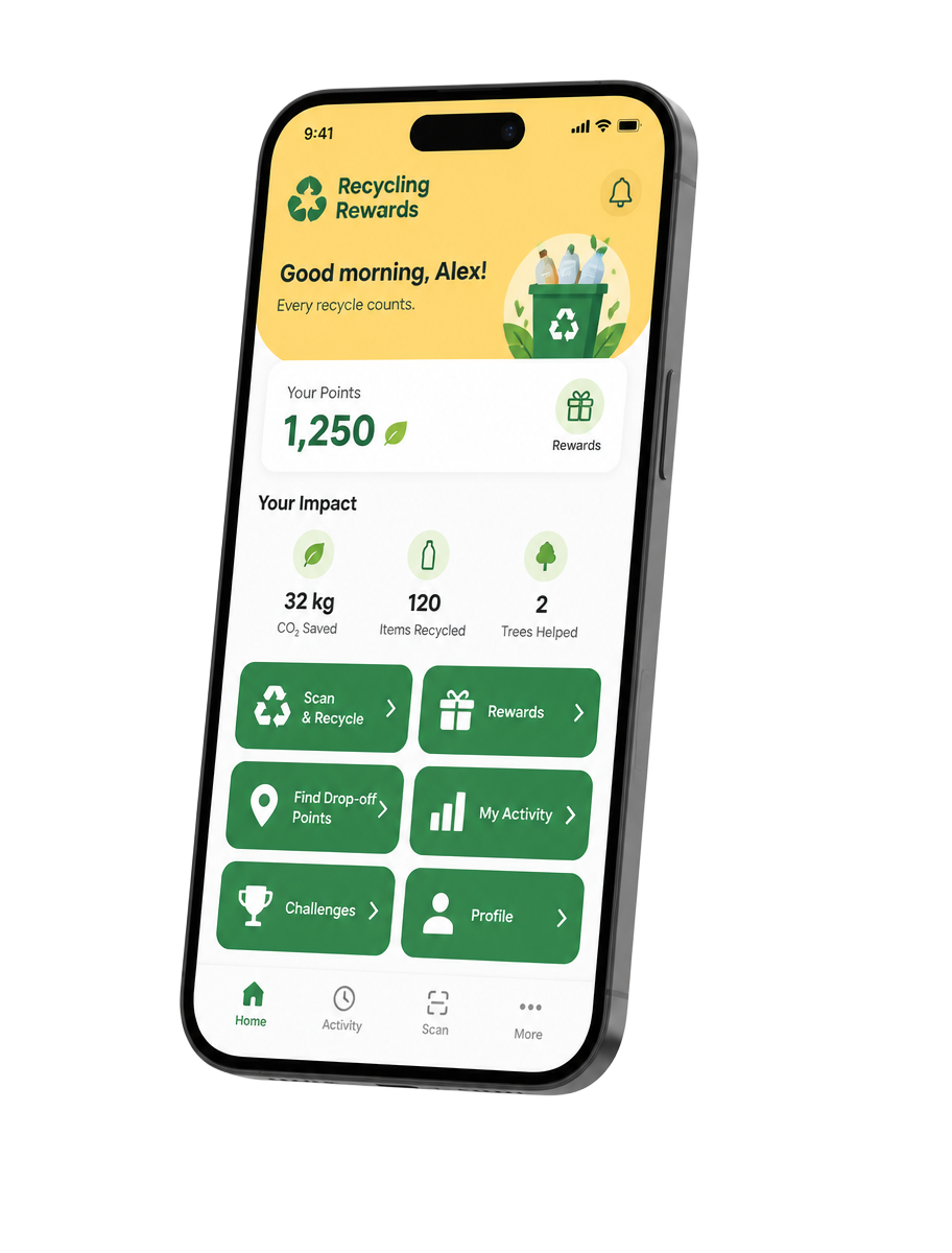 Rizilient Waste mobile app dashboard showing points and recycling menu