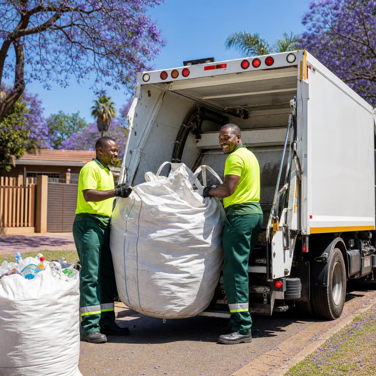 Rizilient Waste collection crew loading recycling bags at a suburban home